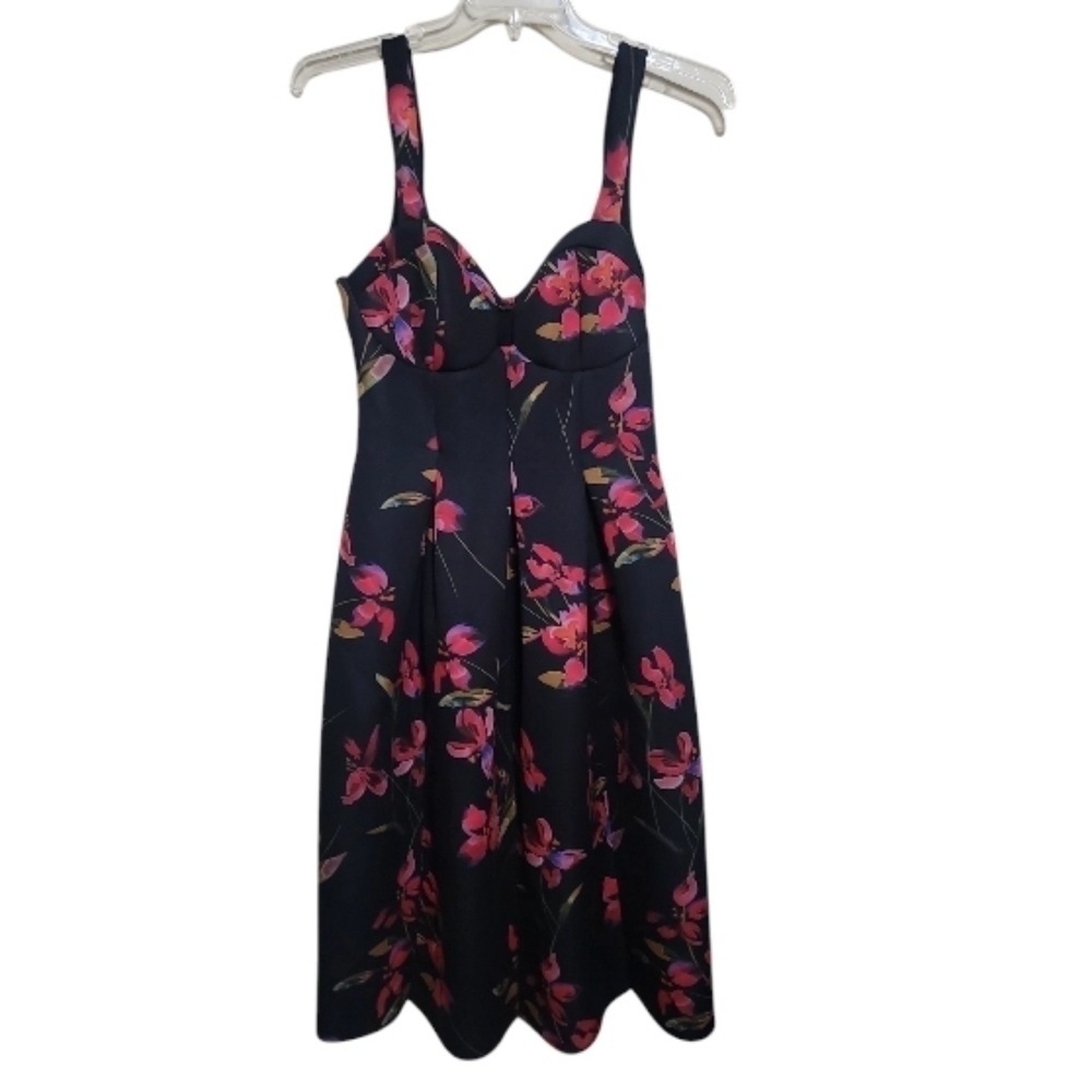 ASOS Black Floral Midi Dress with Pink & Green Print